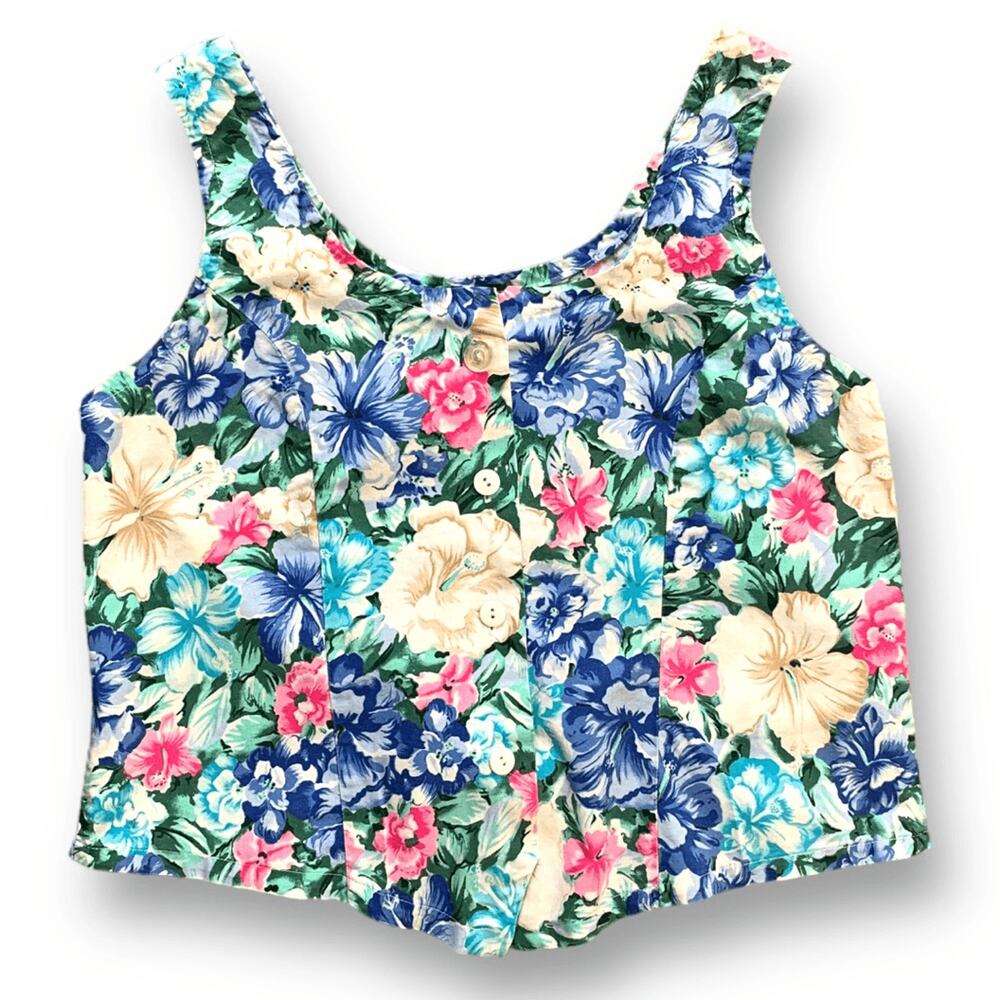 Women’s Vintage Royal Creations Tank Cropped Blue Pink Tropical Flower Scoopneck
